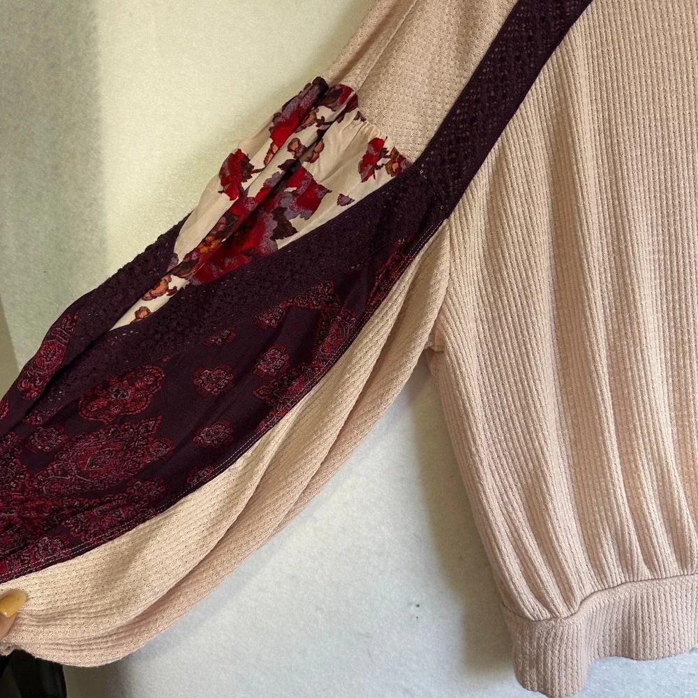 Free People Thermal Knit Balloon Sleeve Patchwork Top Peach Burgundy Medium